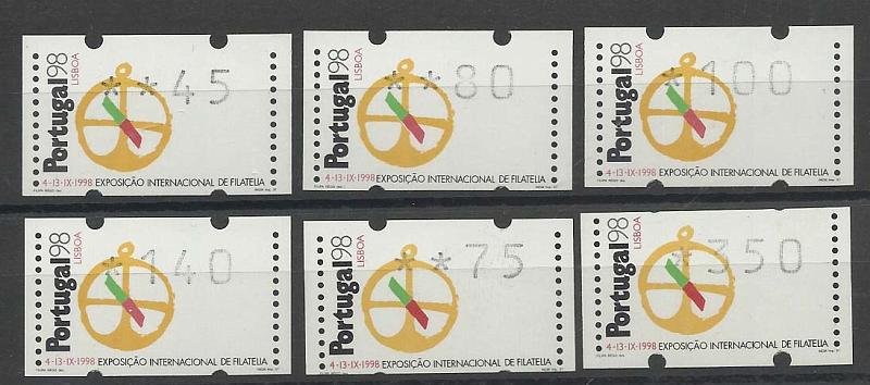 1422.jpg -     Lote:    1422            Portugal       Descrição:         1997 &mdash; Portugal 98. Máquina Olivetti. CE ETQ13. Série completa para o correio ordinário e correio azul (sem a letra A), com as taxas para o ano de 1997. Acompanham 5 recibos.        ETQ       Valor Base:     &euro; 15,00     Valor Venda:     &euro; 16,00     