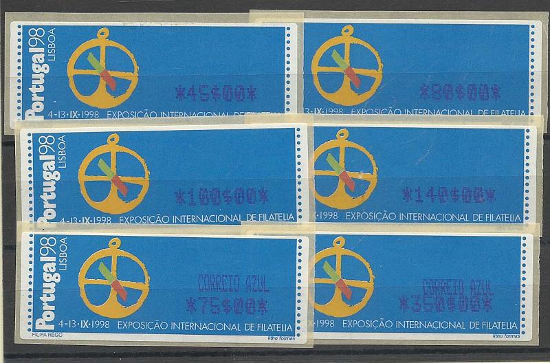 1423.jpg -     Lote:    1423            Portugal       Descrição:         1997 &mdash; Portugal 98. Máquina Crouzet / APM-200 &mdash; INESC. CE ETQ14A. Série completa para o correio ordinário e correio azul.        ETQ       Valor Base:     &euro; 8,00     Valor Venda:     &euro; 8,00     