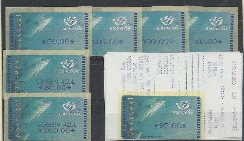 1426.jpg -     Lote:    1426            Portugal       Descrição:         1998 &mdash; Expo'98. Máquina SMD. CE ETQ16. Série completa para o correio ordinário e correio azul + taxa de 95.00. Acompanha respectivos recibos. Valor de catálogo 140,00.        ETQ       Valor Base:     &euro; 55,00     Valor Venda:     &euro; 60,00     