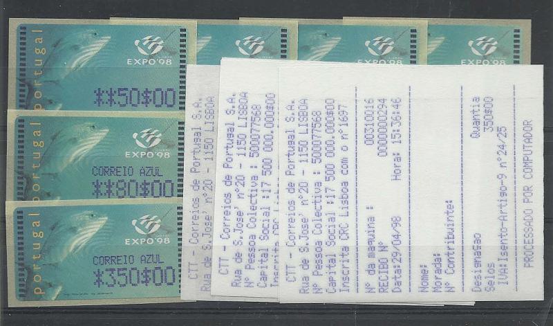 1428.jpg -     Lote:    1428            Portugal       Descrição:         1998 &mdash; Expo'98. Máquina AMIEL. CE ETQ16. Série completa para o correio ordinário e correio azul. Acompanha respectivos recibos. Valor de catálogo 140,00.        ETQ       Valor Base:     &euro; 8,00     Valor Venda:     &euro; 8,00     