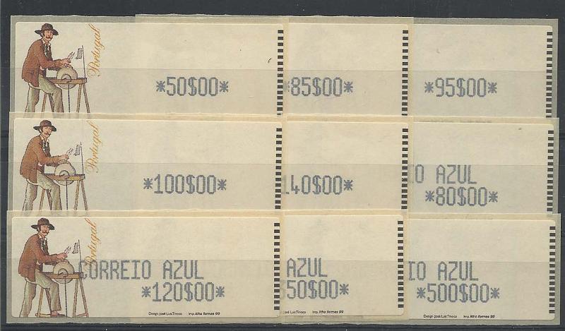1430.jpg -     Lote:    1430            Portugal       Descrição:         1999 &mdash; Amolador. Máquina Crouzet. CE ETQ18. Série completa para o correio normal e correio azul. Acompanham respectivos recibos.        ETQ       Valor Base:     &euro; 10,00     Valor Venda:     &euro; 10,00     