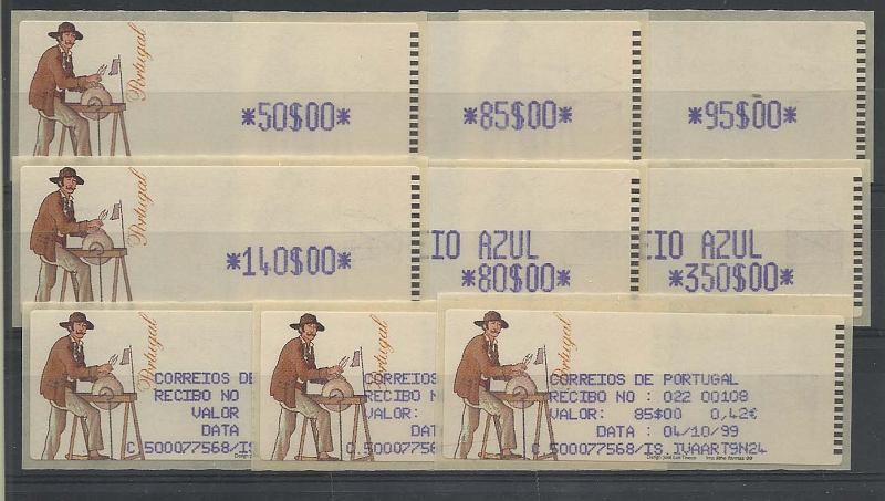 1431.jpg -     Lote:    1431            Portugal       Descrição:         1999 &mdash; Amolador. Máquina Crouzet. CE ETQ18. Série completa para o correio normal e correio azul (com excepção da taxa de 100$00). Impressão das taxas a violeta (naão catalogada). Acompanham 3 recibos.        ETQ       Valor Base:     &euro; 190,00     Valor Venda:     &euro; 200,00     