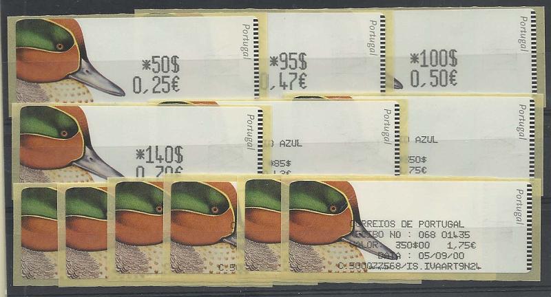1433.jpg -     Lote:    1433            Portugal       Descrição:         2000 &mdash; Marrequinho. Máquina Crouzet. CE ETQ22. Dupla afixação da taxa. Série completa para o correio ordinário e correio azul com respectivos recibos.        ETQ       Valor Base:     &euro; 14,00     Valor Venda:     &euro; 15,00     