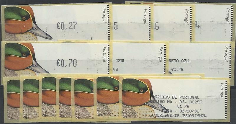 1434.jpg -     Lote:    1434            Portugal       Descrição:         2000 &mdash; Marrequinho. Máquina Crouzet. CE ETQ22. Taxa em euros para o ano 2002. Série completa para o correio ordinário e correio azul com respectivos recibos.        ETQ       Valor Base:     &euro; 55,00     Valor Venda:     Retirado     