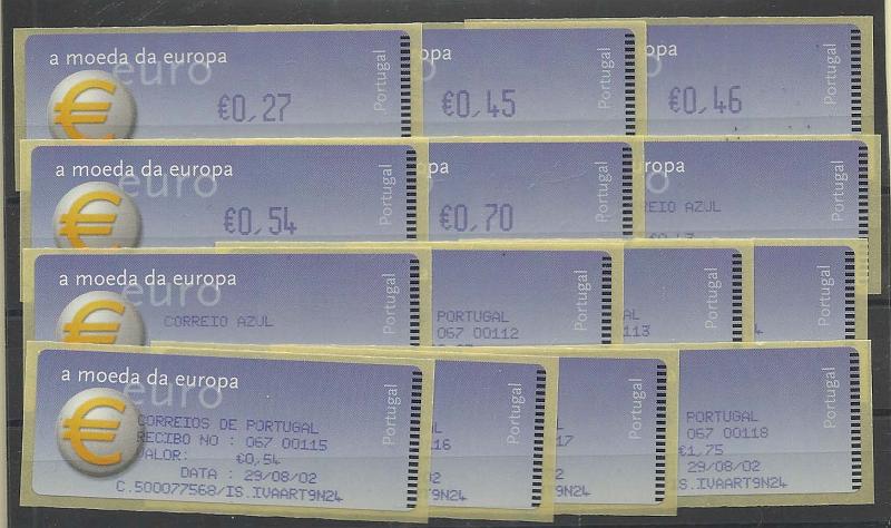 1436.jpg -     Lote:    1436            Portugal       Descrição:         2002 &mdash; Símbolo do Euro. Máquina SMD. CE ETQ24. Impressão a violeta. Série completa para o correio ordinário e correio azul com recibos.        ETQ       Valor Base:     &euro; 28,00     Valor Venda:     &euro; 30,00     