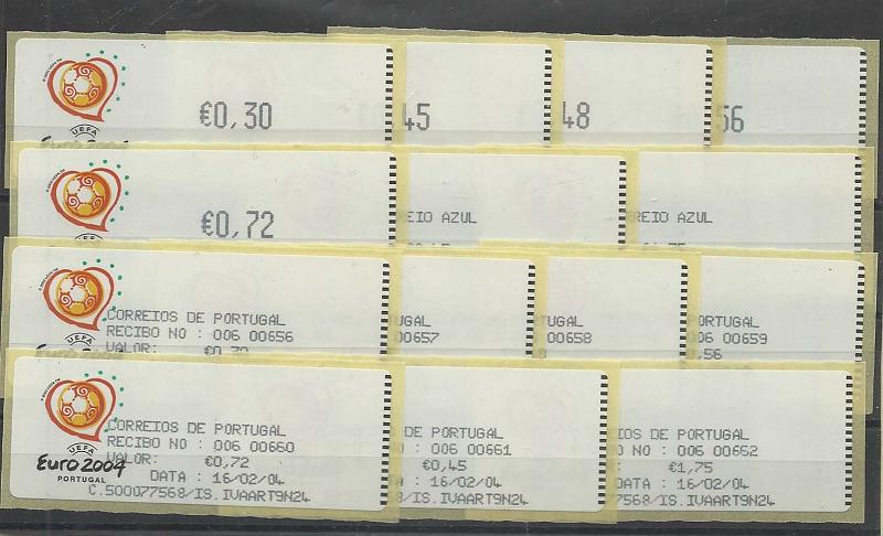 1437.jpg -     Lote:    1437            Portugal       Descrição:         2003 &mdash; Euro 2004. Máquina Crouzet. CE ETQ26. Série completa para o correio ordinário e correio azul, com os respectivos recibos do 1.º dia de circulação. Taxas para 2004.        ETQ       Valor Base:     &euro; 34,00     Valor Venda:     &euro; 36,00     