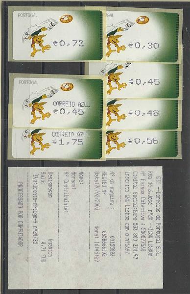 1440.jpg -     Lote:    1440            Portugal       Descrição:         2004 &mdash; UEFA "Euro 2004" (Kinas). Máquina AMIEL com vírgula. CE ETQ 27A. Taxas para 2004. Série completa para o correio normal e correio azul.        ETQ       Valor Base:     &euro; 24,00     Valor Venda:     &euro; 26,00     