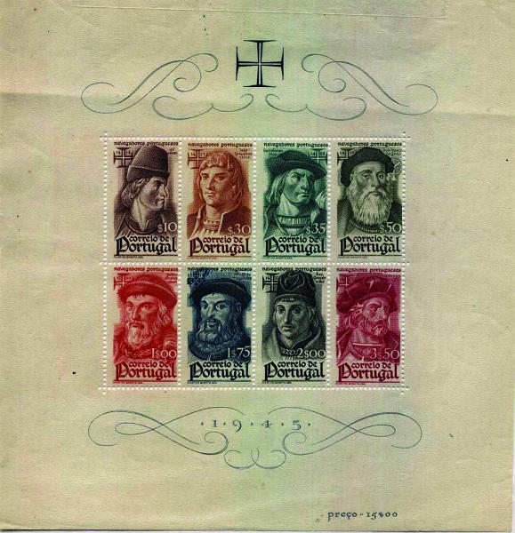 1444.jpg -     Lote:    1444            Portugal       Descrição:         1945 &mdash; Navegadores Portugueses. CE BLC7. Valor de catálogo &euro; 97,30.        BLC***       Valor Base:     &euro; 15,00     Valor Venda:     &euro; 26,00     