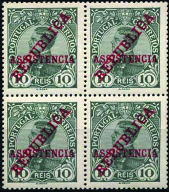 1449.jpg -     Lote:    1449            Portugal       Descrição:         1911 &mdash; Imposto Postal * D. Manuel II, com sobrecarga REPUBLICA e ASSISTÊNCIA". CE IP1, 10 reis verde. Quadra. Valor de catálogo &euro; 100,00.        ***       Valor Base:     &euro; 15,00     Valor Venda:     Retirado     