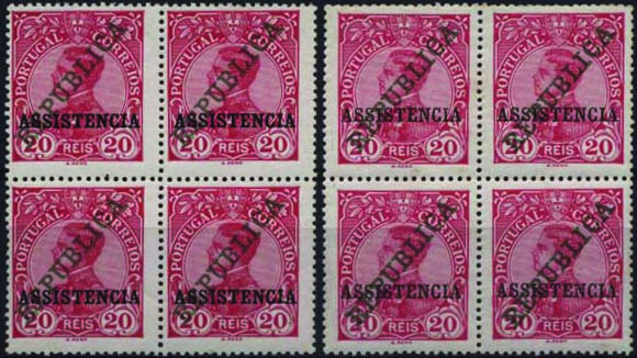 1450.jpg -     Lote:    1450            Portugal       Descrição:         1911 &mdash; Imposto Postal * D. Manuel II, com sobrecarga REPUBLICA e ASSISTÊNCIA". CE IP2, 20 reis carmim. Lote de duas quadras, uma delas com pontos de óxido no verso. Valor de catálogo &euro; 200,00.        ***       Valor Base:     &euro; 20,00     Valor Venda:     Retirado     