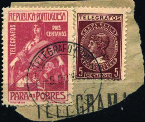 1451.jpg -     Lote:    1451            Portugal       Descrição:         1915/25 &mdash; Imposto Postal e Telegráfico. Para os Pobres + Imposto sobre Telegramas. CE IP8, 2C lilás rosa + CE IP13, 5C castanho vermelho. Ambos sobre fragmento de telegrama obliterados com carimbo batido a preto "TELEGRAFO PORTO / 2.ª SECÇÃO". MR.        FRG       Valor Base:     &euro; 20,00     Valor Venda:     Retirado     