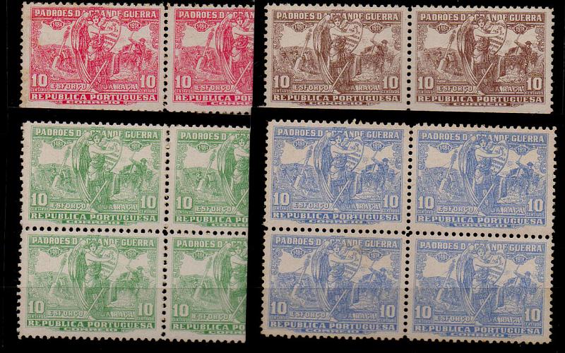 1452.jpg -     Lote:    1452            Portugal       Descrição:         1925 &mdash; Imposto Postal e Telegráfico. Padrões da Grande Guerra. CE IP14/17. Série completa em quadras. Valor de catálogo &euro; 49,60.        ***       Valor Base:     &euro; 8,00     Valor Venda:     &euro; 16,00     