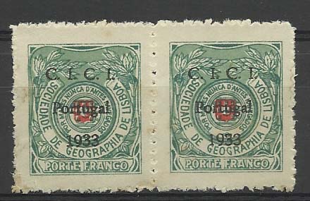 1454.jpg -     Lote:    1454            Portugal       Descrição:         1933 &mdash; Porte Franco. Sociedade de Geografia de Lisboa. Congresso do Instituto Colonial Internacional. CE SG15. Sobrecarga tipo A. Par horizontal. Valor de catálogo &euro; 840,00.        ***       Valor Base:     &euro; 100,00     Valor Venda:     &euro; 100,00     