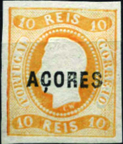 1457.jpg -     Lote:    1457            Açores       Descrição:         1868 &mdash; D. Luís I. Fita curva, não denteado, com sobrecarga "AÇORES". CE2, 10 reis amarelo. Carece de autenticação. Valor de catálogo &euro; 19.100,00.        RG***       Valor Base:     &euro; 300,00     Valor Venda:     &euro; 320,00     