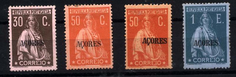 1463.jpg -     Lote:    1463            Açores       Descrição:         1912/13 - Ceres. Selos do Continente com sobrecarga "Açores". CE161/3. Lote composto um selo de 30 ctvs castanho s/rosa, 2 selos de 50 ctvs laranja (um deles com a sobrecarga deslocada) e um selo de 1$00.        **/***       Valor Base:     &euro; 12,00     Valor Venda:     &euro; 12,00     