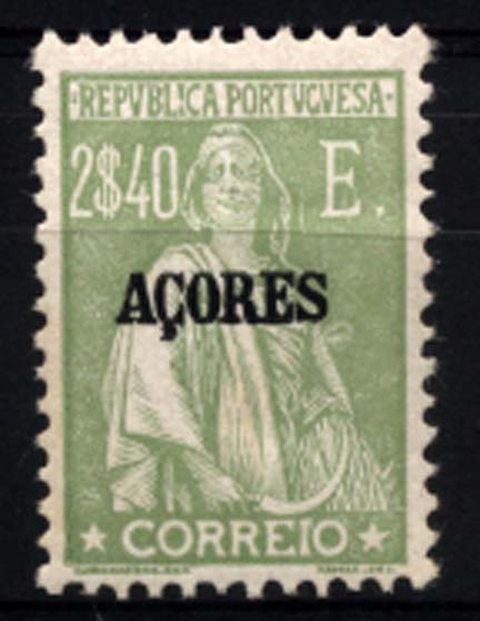 1464.jpg -     Lote:    1464            Açores       Descrição:         1924/28 &mdash; Ceres. Selos do Continente com sobrecarga "AÇORES". CE214, 2$40 verde seda. Valor de catálogo &euro; 130,00.        ***       Valor Base:     &euro; 20,00     Valor Venda:     &euro; 20,00     