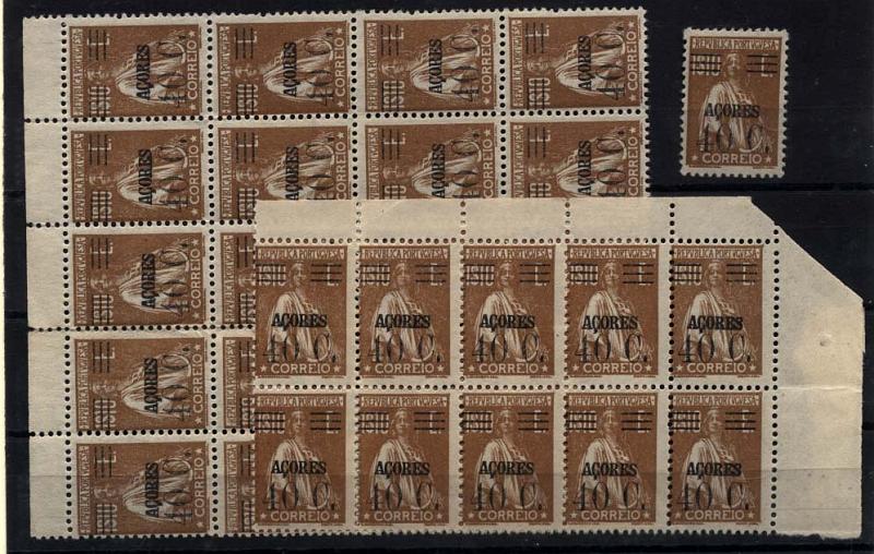 1466.jpg -     Lote:    1466            Açores       Descrição:         1929/30 &mdash; Ceres. Selos do Continente com sobrecarga "Açores" e sobretaxa. CE288, 40 ctvs s/ 1$10, bistre. Conjunto composto por um bloco de 20 selos (5x4) bordo superior de folha, um bloco de 10 selos (5x2) canto superior direito, e um selo. Valor de catálogo &euro; 272,45.        **/***       Valor Base:     &euro; 30,00     Valor Venda:     &euro; 46,00     