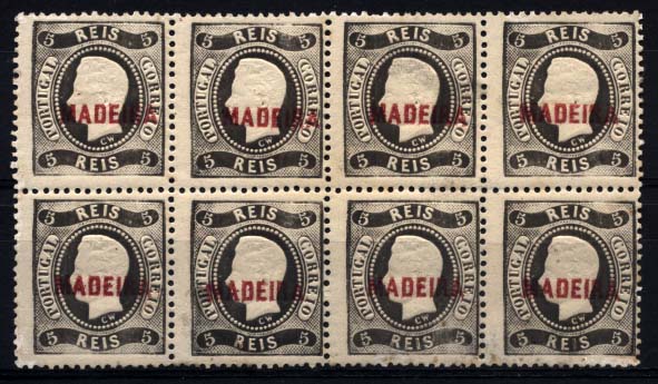 1472.jpg -     Lote:    1472            Madeira       Descrição:         1868/1870 &mdash; D. Luís I, fita curva. Denteados. Selos do Continente com sobrecarga MADEIRA a vermelho. CE5, 5 reis preto. Bloco de oito selos. Valor de catálogo &euro; 782,40. MB e R.        ***       Valor Base:     &euro; 90,00     Valor Venda:     Retirado     