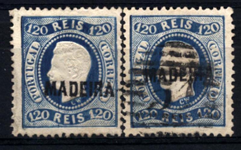 1475.jpg -     Lote:    1475            Madeira       Descrição:         1871/76 &mdash; D. Luís I, fita curva, denteado. CE12, 120 reis azul. Lote de dois selos: um em estado novo, com a goma irregular e outro usado, obliterado com carimbo da 1.ª reforma 51 &mdash; FUNCHAL. Valor de catálogo 342,00.        */O       Valor Base:     &euro; 35,00     Valor Venda:     &euro; 35,00     