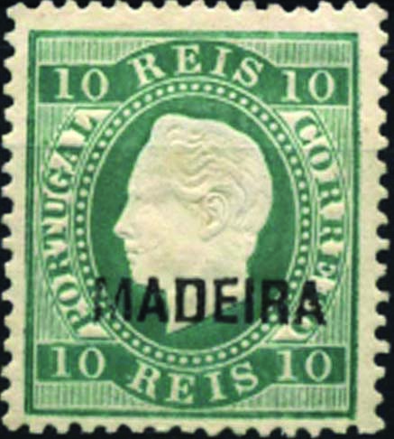 1476.jpg -     Lote:    1476            Madeira       Descrição:         1879/80 &mdash; D. Luís I, fita direita. Selos do Continente com sobrecarga MADEIRA, tipo C. CE27, 10 reis verde azul, denteado 12 &frac12;. Valor de catálogo &euro; 250,00.        **       Valor Base:     &euro; 40,00     Valor Venda:     Retirado     