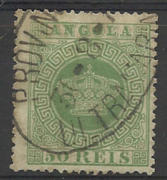 1480.jpg -     Lote:    1480            Angola       Descrição:         1870/77 &mdash; Tipo Coroa. CE6, 50 reis verde claro, papel fino, denteado 13 &frac12;., obliterado com carimbo oval "PROVÍNCIAS / ULTRAMARINAS". Valor de catálogo &euro; 925,00.        O       Valor Base:     &euro; 75,00     Valor Venda:     Retirado     