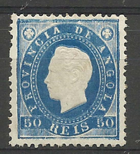 1483.jpg -     Lote:    1483            Angola       Descrição:         1886 &mdash; D. Luís I, fita direita. CE20, 50 reis azul. Selo com dupla impressão da cor.        **       Valor Base:     &euro; 25,00     Valor Venda:     Retirado     