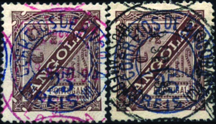 1485.jpg -     Lote:    1485            Angola       Descrição:         1894 &mdash; Selo de 2 &frac12; reis da emissão D. Carlos I, com sobretaxa. CE37, 25 s/ 2 &frac12; reis castanho, Lote de dois selos usados (diferentes tonalidades de cor) em denteado 13 &frac12;. Valor de catálogo &euro; 190,00.        O       Valor Base:     &euro; 50,00     Valor Venda:     &euro; 50,00     