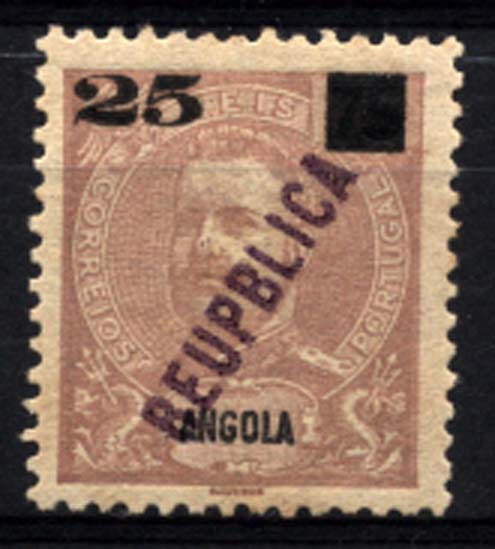 1486.jpg -     Lote:    1486            Angola       Descrição:         1912 &mdash; D. Carlos I, com sobrecarga REPUBLICA local e sobretaxa. CE117, 25 s/ 75 reis castanho violeta. Selo com a variedade "REUPLICA". Ligeiro ponto de óxido. Valor de catálogo &euro; 173,00.        **       Valor Base:     &euro; 35,00     Valor Venda:     Retirado     