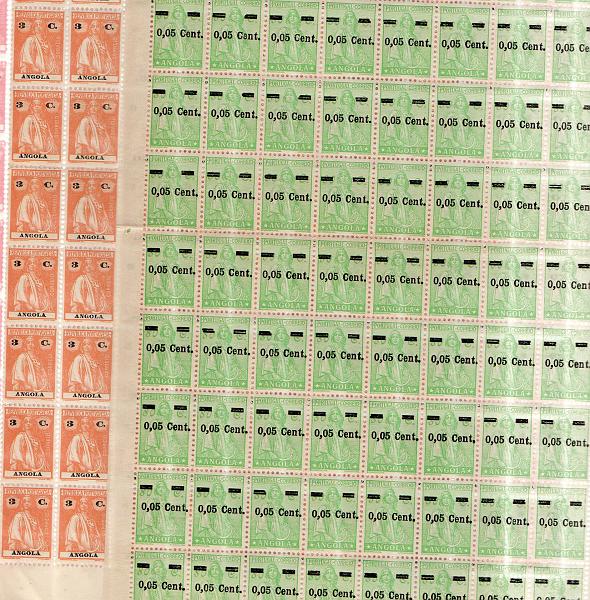 1487.jpg -     Lote:    1487            Angola       Descrição:         1914/38 &mdash; Ceres + Ceres, novo tipo c/ sobretaxa + Império Colonial Português. Lote composto por 4 folhas de 200 selos tipo Ceres em denteado 15x14, papel liso das taxas de &frac14; c, &frac12; c, 2c e 3c CE142, 143, 146 e 200 + bloco de 100 selos de 0,05C s/ 80C verde CE255 + folha completa de 30C lilás CE263. Valor de catálogo &euro; 840,00. Lote a ver.        Lote       Valor Base:     &euro; 75,00     Valor Venda:     &euro; 75,00     