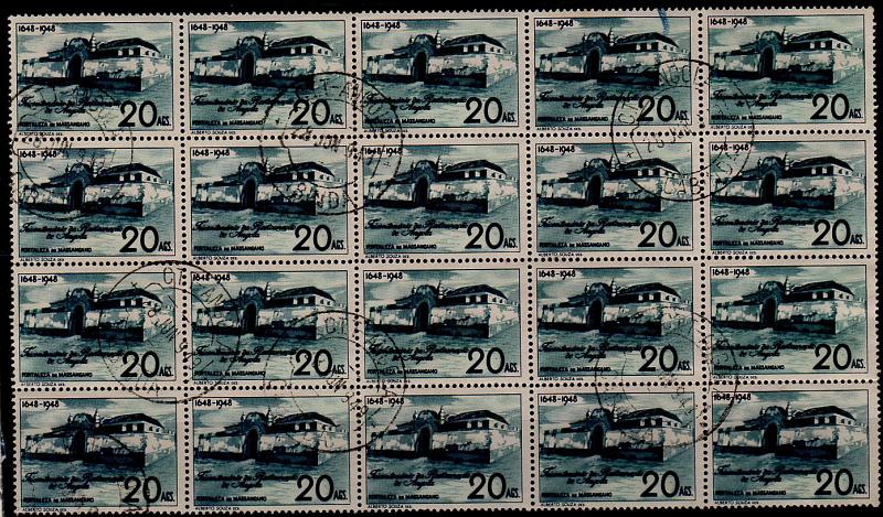 1490.jpg -     Lote:    1490            Angola       Descrição:         1948 &mdash; Tricentenário da Restauração de Angola. CE301, 20 Angs azul cinzento. Bloco de 20 selos. Valor de catálogo &euro; 132,00.        O       Valor Base:     &euro; 20,00     Valor Venda:     Retirado     