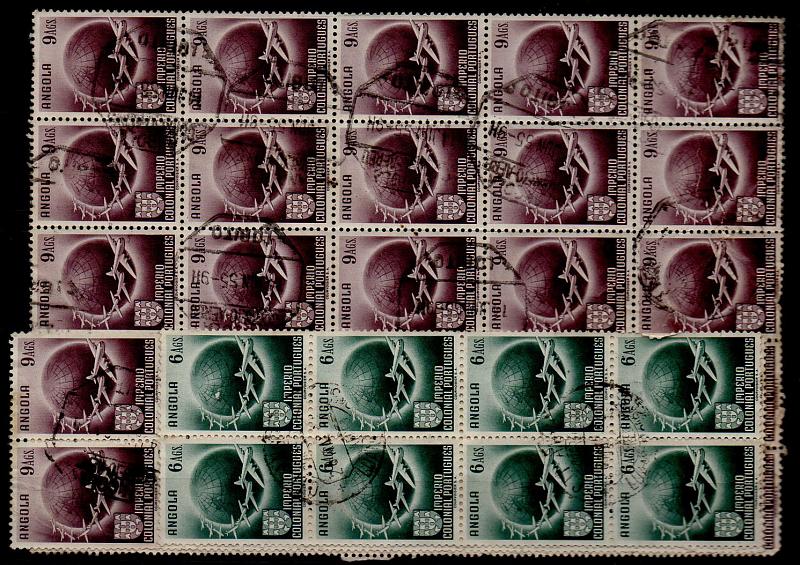 1491.jpg -     Lote:    1491            Angola       Descrição:         1949 &mdash; Globo terrestre. Lote composto por bloco de 8 selos de 6 Angs CE309 + bloco de 10 + bloco de 25 selos (5x5) do selo de 9 Angs CE310. Valor de catálogo &euro; 95,50.        O       Valor Base:     &euro; 18,00     Valor Venda:     Retirado     