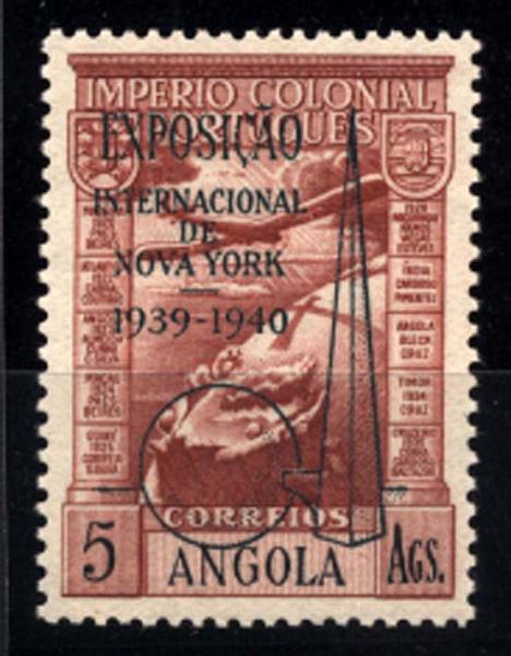 1496.jpg -     Lote:    1496            Angola       Descrição:         1938 &mdash; Correio Aéreo. Império Colonial Português. CE CA7A, 5Ang com a sobrecarga "Exposição Internacional de Nova York 1939-1940". Valor de catálogo &euro; 210,00.        ***       Valor Base:     &euro; 40,00     Valor Venda:     &euro; 65,00     