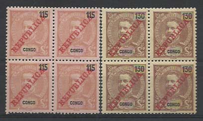 1501.jpg -     Lote:    1501            Congo       Descrição:         1911 &mdash; D. Carlos I tipo Mouchon, com sobrecarga REPUBLICA da Casa da Moeda. CE69/70, 115 reis e 130 reis. Lote de duas quadras. Valor de catálogo &euro; 20,00.        ***       Valor Base:     &euro; 6,00     Valor Venda:     &euro; 10,00     