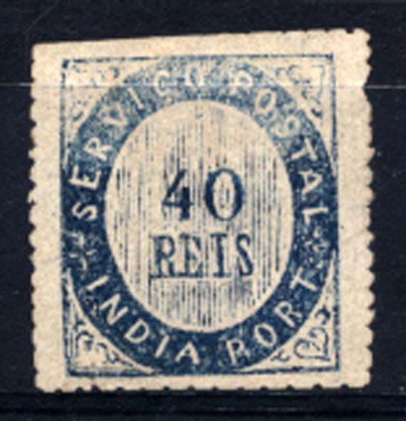 1505.jpg -     Lote:    1505            Índia       Descrição:         1873 &mdash; Nativos. Tipo I. CE3, 40 reis azul. Papel fino. Selo com filigrana. Valor de catálogo &euro; 750,00.        **       Valor Base:     &euro; 150,00     Valor Venda:     &euro; 340,00     