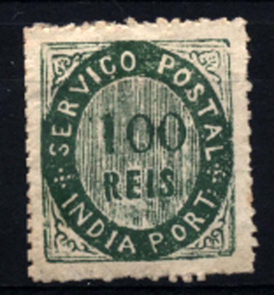 1510.jpg -     Lote:    1510            Índia       Descrição:         1871 &mdash; Nativos. Tipo II. CE11, 100 reis verde, papel espesso. Valor de catálogo &euro; 145,00.        **       Valor Base:     &euro; 30,00     Valor Venda:     &euro; 46,00     