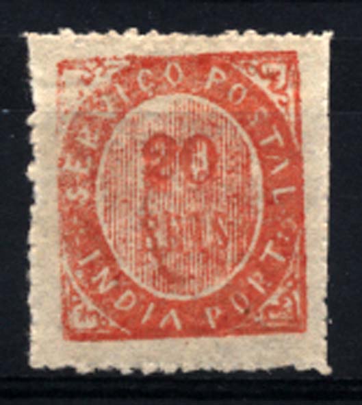 1515.jpg -     Lote:    1515            Índia       Descrição:         1873 &mdash; Nativos. Tipo IB. CE17, 20 reis laranja vermelho. Papel fino. Valor de catálogo &euro; 30,00.        **       Valor Base:     &euro; 6,00     Valor Venda:     &euro; 14,00     