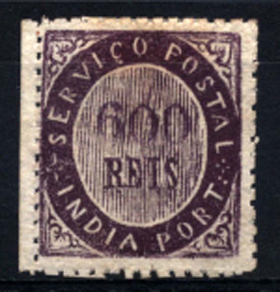 1517.jpg -     Lote:    1517            Índia       Descrição:         1873 &mdash; Nativos. Tipo IA. CE19, 600 reis violeta. Papel azulado fino. Valor de catálogo &euro; 280,00.        **       Valor Base:     &euro; 60,00     Valor Venda:     &euro; 70,00     