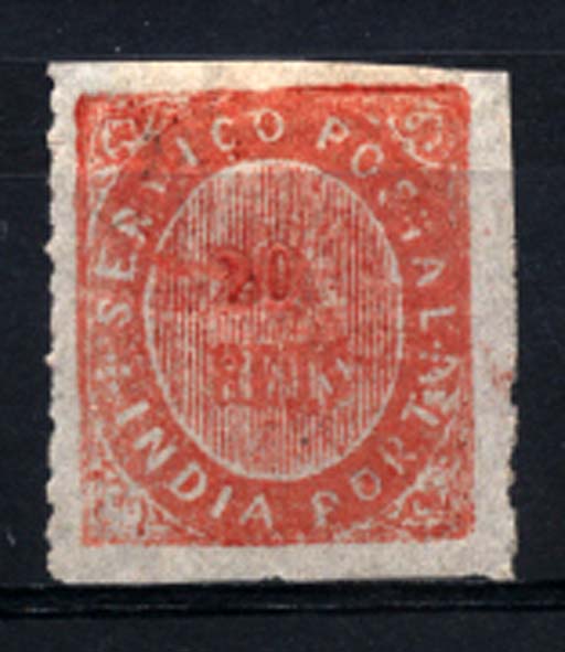 1519.jpg -     Lote:    1519            Índia       Descrição:         1876 &mdash; Nativos. Tipo ID. CE36, 20 reis vermelho. Valor de catálogo &euro; 32,00.        **       Valor Base:     &euro; 6,00     Valor Venda:     &euro; 6,00     