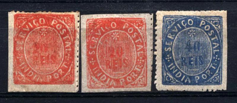 1522.jpg -     Lote:    1522            Índia       Descrição:         1877 &mdash; Nativos. Tipo IIIB. CE4&frac14;2, 20 reis + 40 reis. Lote de três selos. Dois de 20 reis e um de 40 reis. Valor de catálogo &euro; 71,00.        **       Valor Base:     &euro; 15,00     Valor Venda:     &euro; 15,00     