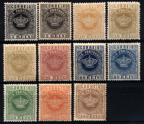 1523.jpg -     Lote:    1523            Índia       Descrição:         1877 &mdash; Tipo Coroa. CE48/53 + 55/56. Lote composto por 11 selos: 2 selos de 5 reis em 12 &frac12; e 13 &frac12;, um selo de 10 reis, dois selos de 20 reis em 12 &frac12; e 13 &frac12;, um selo de 25 reis, dois selos de 40 reis em denteado 13 &frac12; (duas tonalidades), um selo de 200 reis e um de 300 reis. A maioria dos selos regomados. Valor de catálogo &euro; 326,00.        RG**       Valor Base:     &euro; 40,00     Valor Venda:     &euro; 80,00     