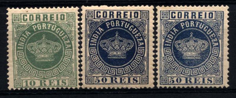1524.jpg -     Lote:    1524            Índia       Descrição:         1880/81 &mdash; Tipo Coroa. CE57 e 61. Lote de três selos em denteado 13 &frac12;. Um de 10 reis verde, e dois de 50 reis azul. Valor de catálogo &euro; 99,00.        **       Valor Base:     &euro; 25,00     Valor Venda:     &euro; 42,00     