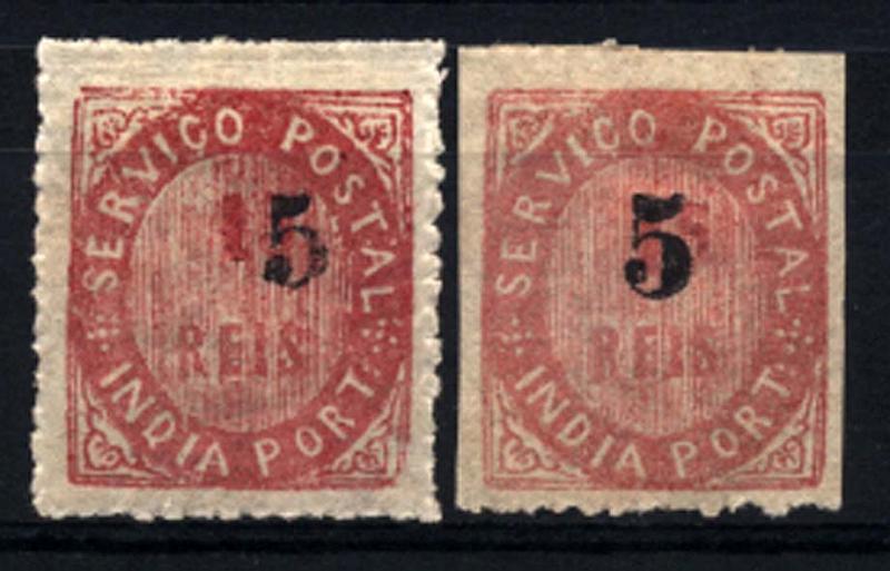 1525.jpg -     Lote:    1525            Índia       Descrição:         1881 &mdash; Nativos, com sobretaxa. Tipo IIA. CE63, 5 s/ 15 reis rosa. Lote de dois selos com o algarismo "5" tipos A e B. Valor de catálogo &euro; 46,00.        **       Valor Base:     &euro; 10,00     Valor Venda:     &euro; 18,00     