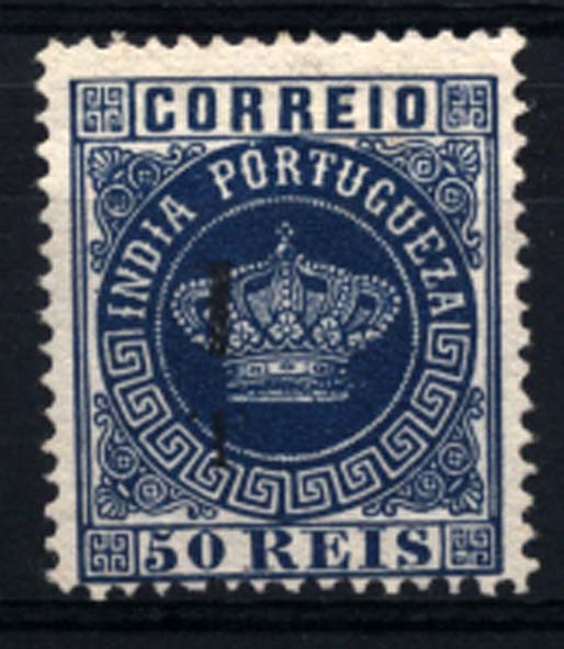 1530.jpg -     Lote:    1530            Índia       Descrição:         1881/83 &mdash; Tipo Coroa. Com sobretaxa. CE91, 1T s/ 50 reis azul, denteado 12 &frac12;. Valor de catálogo &euro; 61,00.        *       Valor Base:     &euro; 15,00     Valor Venda:     &euro; 25,00     