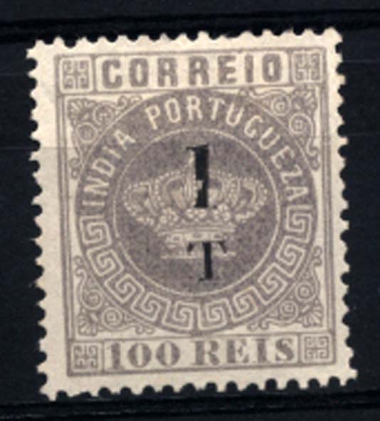 1531.jpg -     Lote:    1531            Índia       Descrição:         1881/83 &mdash; Tipo Coroa. Com sobretaxa. CE92, 1T s/ 100 reis lilás cinzento, denteado 12 &frac12;. Valor de catálogo &euro; 50,00.        *       Valor Base:     &euro; 12,00     Valor Venda:     &euro; 24,00     