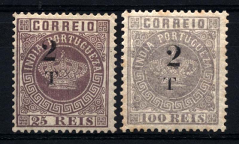 1532.jpg -     Lote:    1532            Índia       Descrição:         1881/83 &mdash; Tipo Coroa. Com sobretaxa. CE95 e 100. Lote composto por dois selos: 2T s/ 25 reis violeta, denteado 12 &frac12; + 2T s/ 100 reis lilás cinzento, denteado 12 &frac12;. Valor de catálogo &euro; 60,00.        **/*       Valor Base:     &euro; 15,00     Valor Venda:     &euro; 26,00     