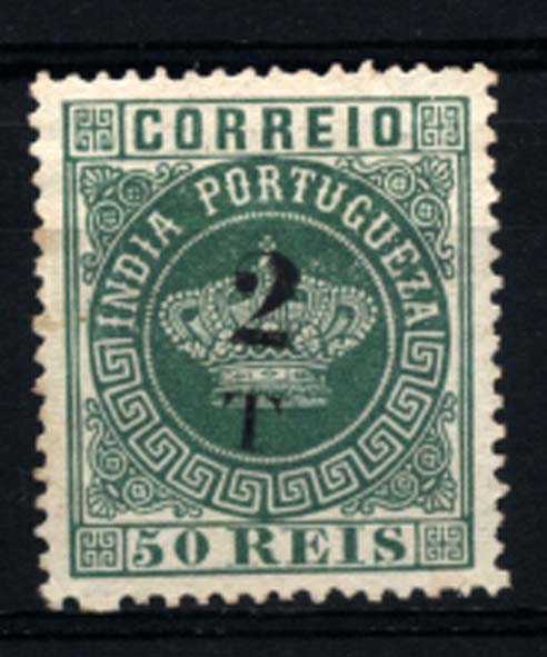 1534.jpg -     Lote:    1534            Índia       Descrição:         1881/83 &mdash; Tipo Coroa. Com sobretaxa. CE98, 2T s/ 50 reis verde azul, denteado 13 &frac12;. Valor de catálogo &euro; 57,00.        *       Valor Base:     &euro; 12,00     Valor Venda:     &euro; 40,00     