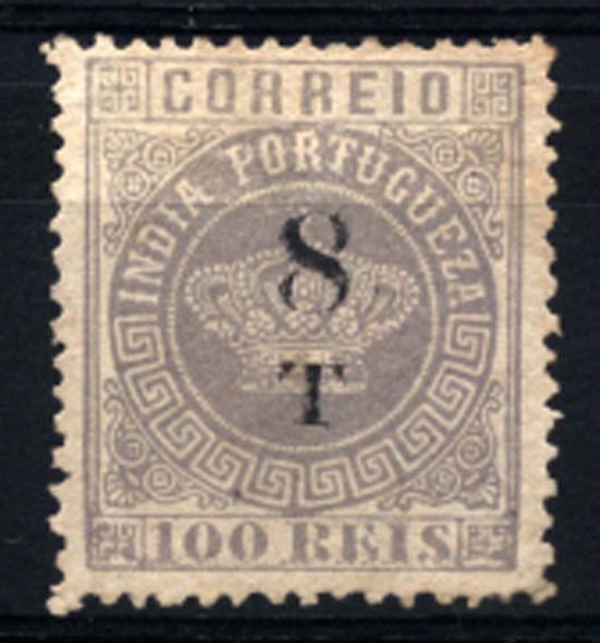 1536.jpg -     Lote:    1536            Índia       Descrição:         1881/83 &mdash; Tipo Coroa. Com sobretaxa. CE109, 8T s/ 100 reis lilás malva, denteado 12 &frac12;. Valor de catálogo &euro; 88,00.        *       Valor Base:     &euro; 20,00     Valor Venda:     &euro; 50,00     