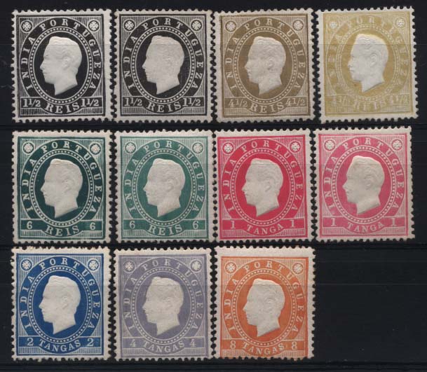 1541.jpg -     Lote:    1541            Índia       Descrição:         1886 &mdash; D. Luís I. Fita direita. CE132/138. Série completa + 4 repetições com tonalidades de cor. Valor de catálogo &euro; 109,40.        **       Valor Base:     &euro; 25,00     Valor Venda:     &euro; 46,00     
