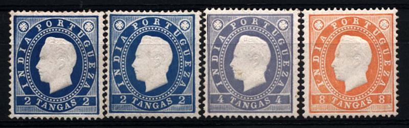 1542.jpg -     Lote:    1542            Índia       Descrição:         1886 &mdash; D. Luís I. Fita direita. CE136/138. Lote de 4 selos em denteado 13 &frac12;: dois de 2 T, um de 4T e outro de 8T. Valor de catálogo &euro; 101,00.        **       Valor Base:     &euro; 20,00     Valor Venda:     &euro; 36,00     