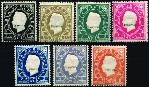 1544.jpg -     Lote:    1544            Índia       Descrição:         1886 &mdash; D. Luís I. Fita direita. CE132/138. Série completa com a sobrecarga "PROVA" tipo pequeno. Um selo com pontos de óxido no verso. Série em denteado 12 &frac12;, com excepção dos selos de 1, 2 e 3 tangas em denteado 13 &frac12;.        **       Valor Base:     &euro; 75,00     Valor Venda:     &euro; 120,00     